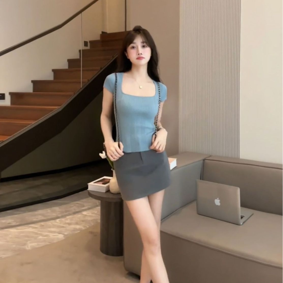 Shipped Temperature slim square neck short knitted shoulder short sleeve top sexy tight hot girl T-shirt summer
