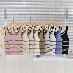春夏新款U領條紋拼色針織吊帶背心修身顯瘦彈力內搭外穿無袖上衣