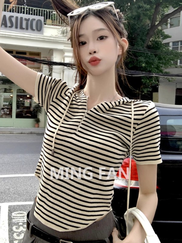 2025 Summer New Women's Niche Hooded Half-Open Zipper Top Retro Striped Short Sleeve Knitted T-Shirt Ins
