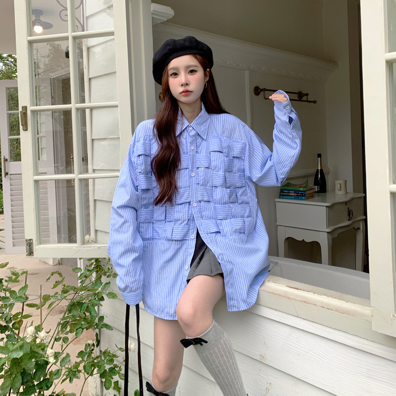 Autumn and winter design niche knitted texture striped long-sleeved shirt for women 2025 new chic shirt for inner and outer wear