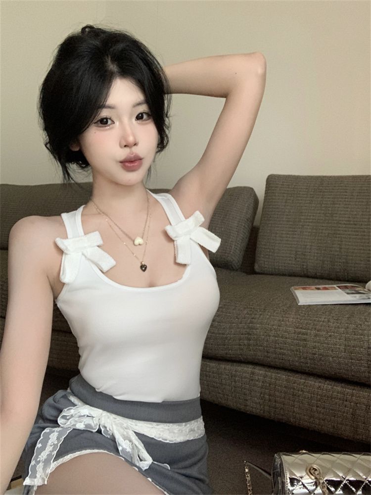 1*1 Modal chic sweet and spicy bow front shoulder suspender vest women's summer new lace splicing sexy top