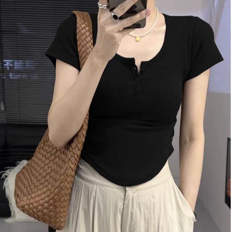 2025 new Hong Kong style retro short-sleeved T-shirt for women in summer brown square collar short top sweet and spicy slim fit to make them look slim and sexy