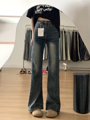 Retro jeans for women in spring washing slim high waist slightly flared pants elastic slim floor trousers