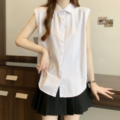 Real shot of large-size women's Korean simple loose lapel single-breasted sleeveless shirt top