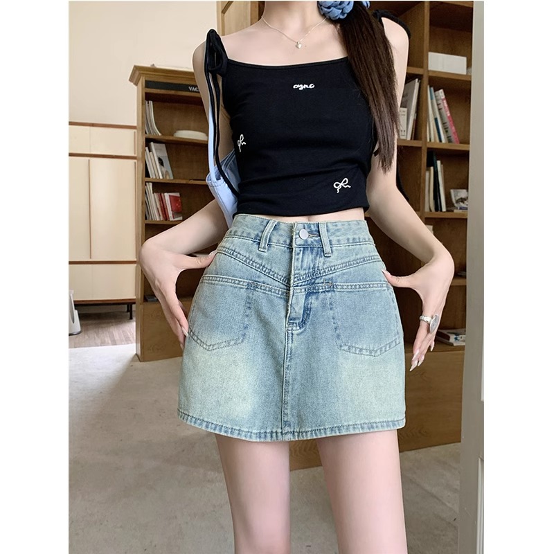 American denim short skirt for women in 2025 summer new fat mm high waist slimming straps and belly A-line hip-pack skirt