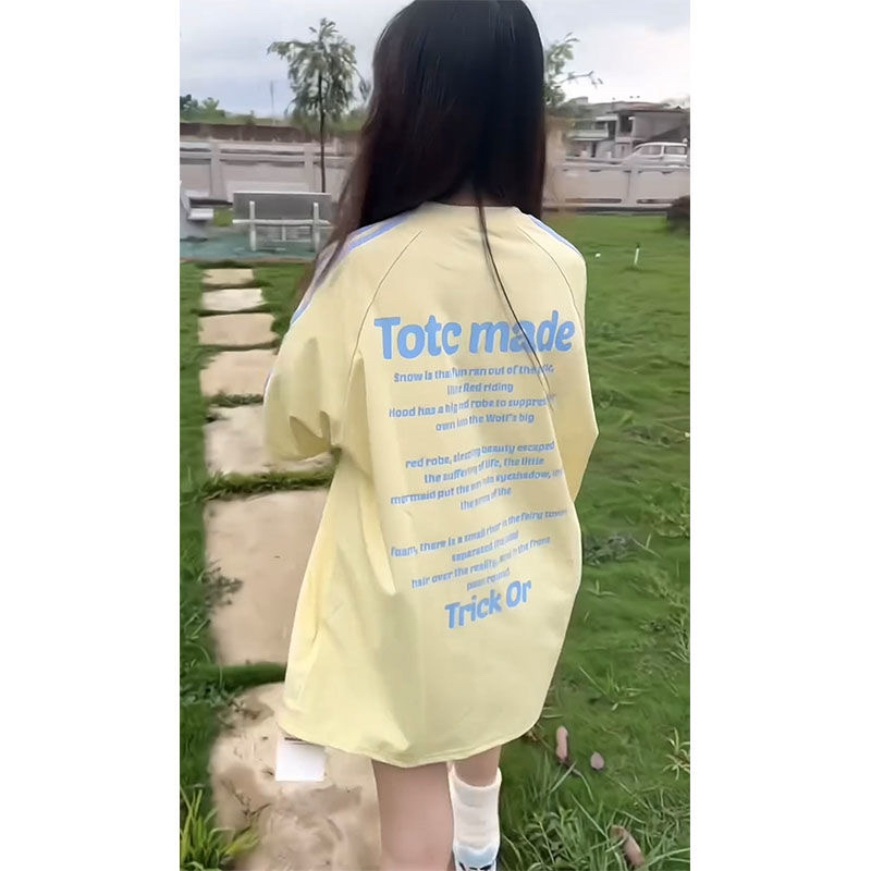High-quality pure cotton 220g 19 pieces of wool + feel printed loose large version of shoulder-fall three-bar short-sleeved T-shirt for women