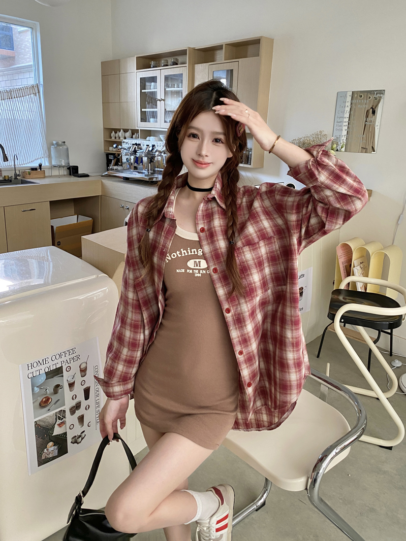 Korean style lazy style red plaid long-sleeved shirt jacket for women 2025 spring and summer versatile casual Polo collar top