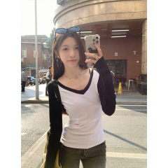 Real shot-2025 spring dress splicing contrasting color V-neck rapper top design slim long-sleeved T-shirt