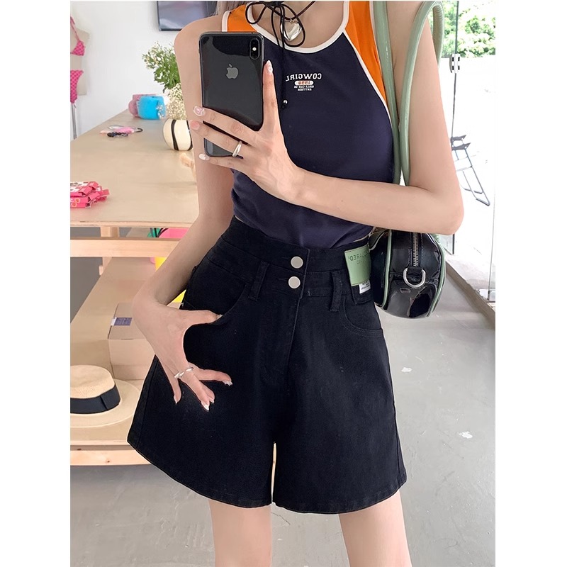 Black denim shorts for women in summer new large size loose pear shape body covering the belly high waist slimming A-line wide-leg pants