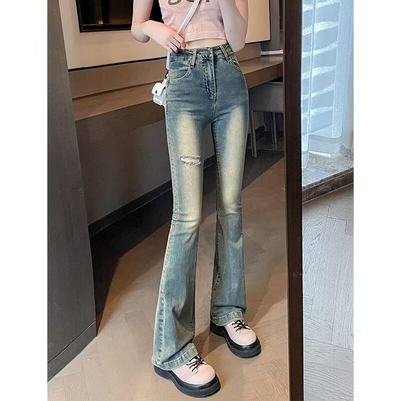 Retro nostalgic micro-flare jeans for women's spring clothes new high-waisted slim elastic slim floor-soothing horseshoe pants