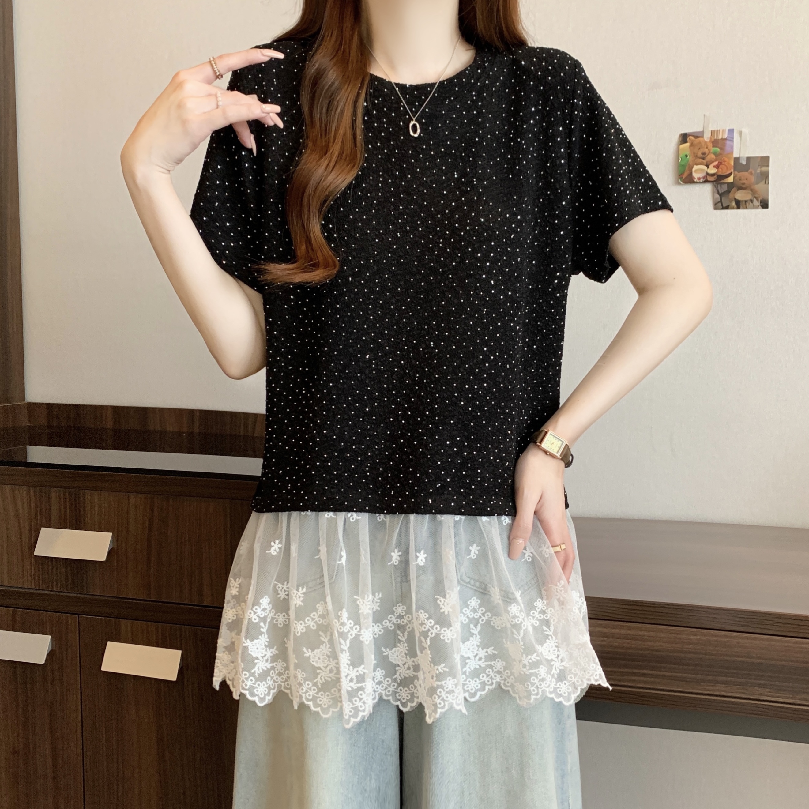 Real shot~ Large size fat MM simple and versatile round neck lace hot diamond texture fabric breathable and comfortable T-shirt