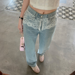 Lace splicing fake two-piece jeans for women 2025 spring new light-colored wash wide-leg pants loose floor pants