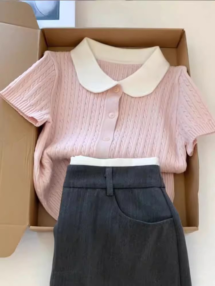 Sweet and gentle knitted short-sleeved summer new style for women, slim and slim and fashionable Korean style design top