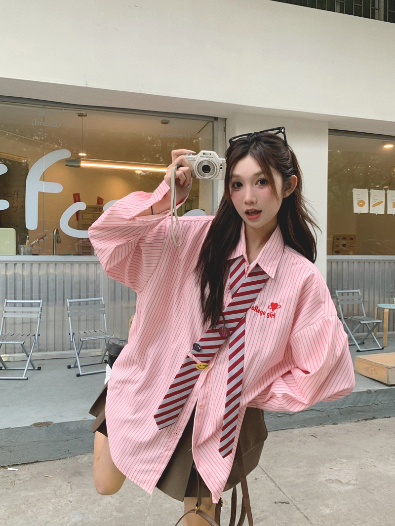 College style tie striped pink long-sleeved shirt women's early autumn Korean style sweet design slim and versatile top