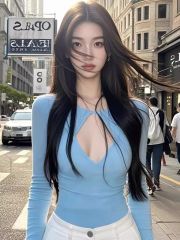 Pure and lustful temperament hollow round neck long-sleeved T-shirt for women with slim fit and sexy base shirt