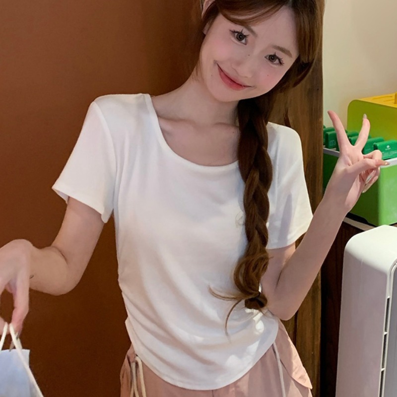 Real shot 260g thread short-sleeved T-shirt summer 2025 new trendy lace solid color short waist round neck top for women