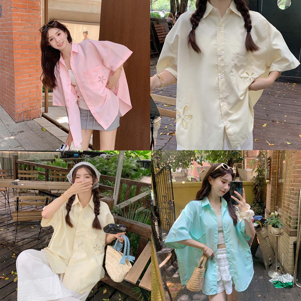 Summer dopamine color hollow flower shirt for women 2025 new design chic short-sleeved top jacket