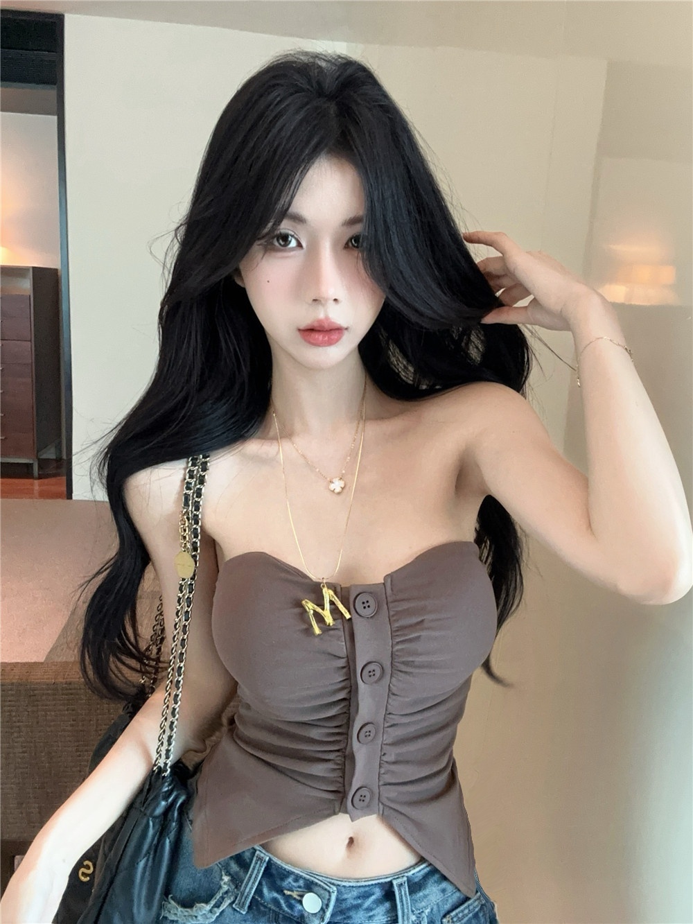 Real shot of new American hottie sexy pleated strapless top for women's fashionable and versatile slim inner base shirt
