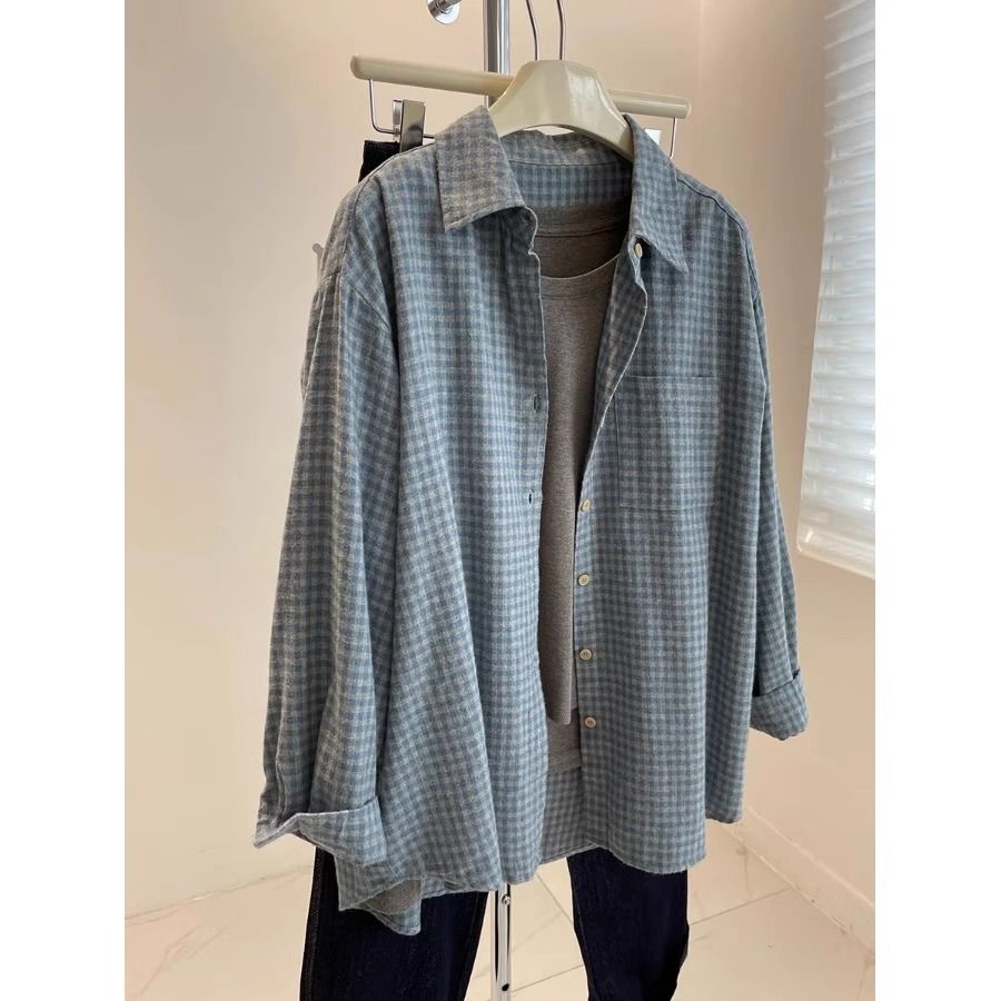 Blue retro grinding plaid shirt with inner layered vest women's shirt jacket plaid shirt long sleeves