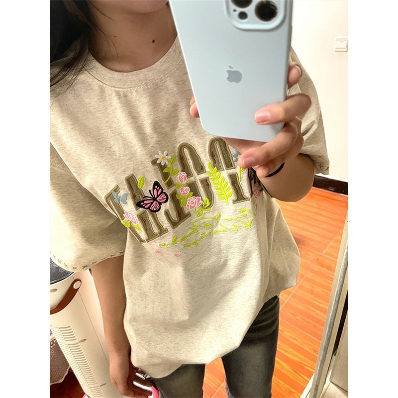 2025 summer new embroidered pure cotton 220g combed tight short-sleeved T-shirt for women