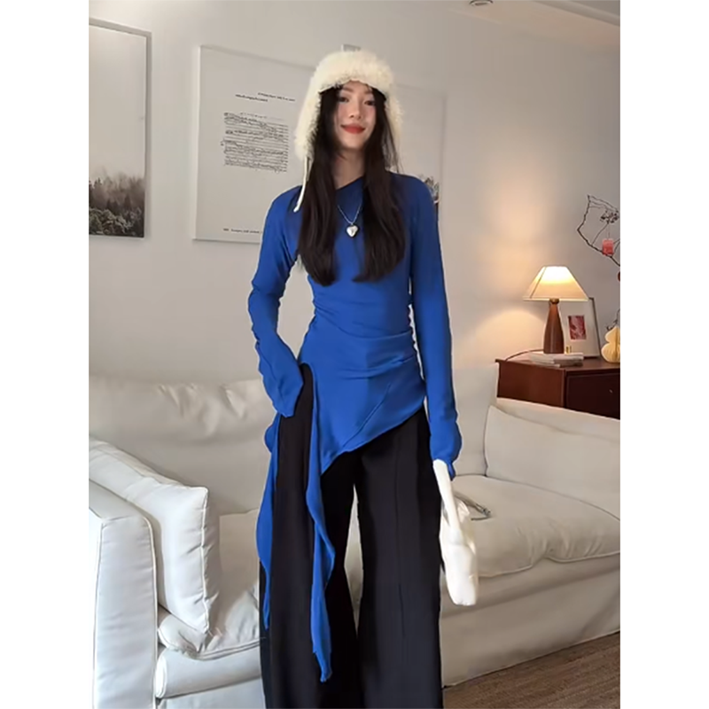 2025 new blue straps, front shoulder long-sleeved T-shirt, spring and autumn, inner and outer bottoming shirt, unique top trendy