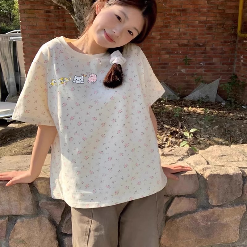 High-quality pure cotton 220g 19 pieces of wool + feel printed loose floral short-sleeved T-shirt for women
