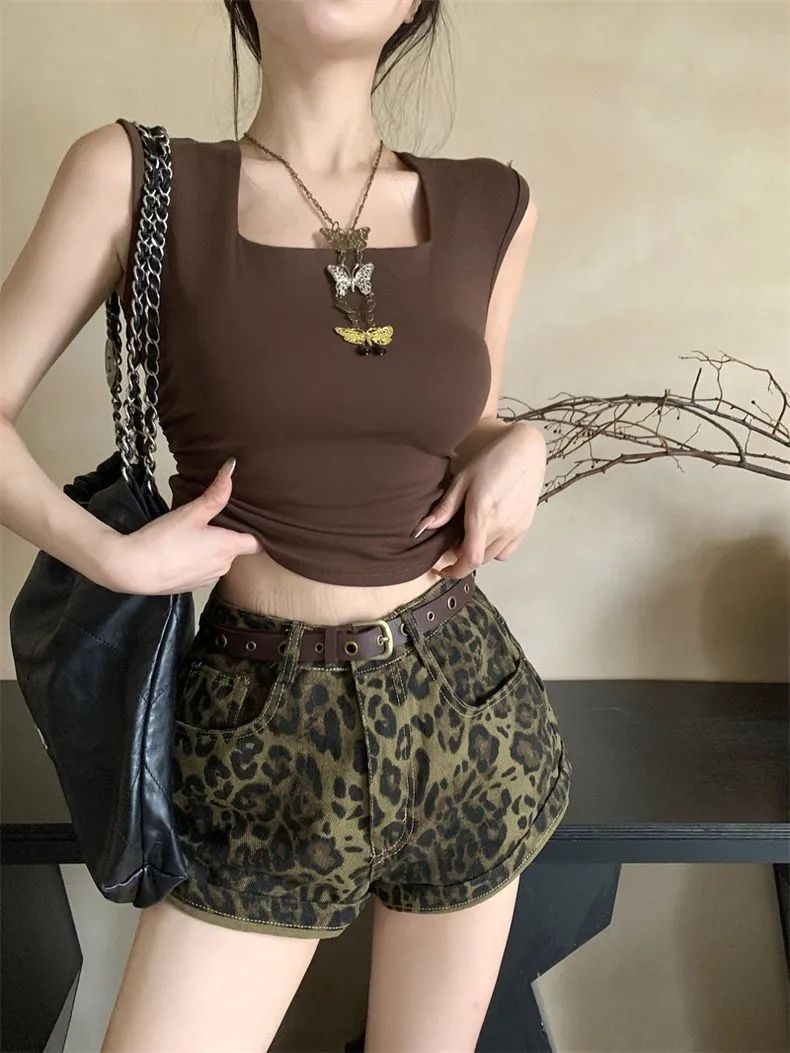 Vintage American Washed Leopard Print Women's High Street Dune Style Slim Straight Wide Leg Hip-Hugging Trendy Pants
