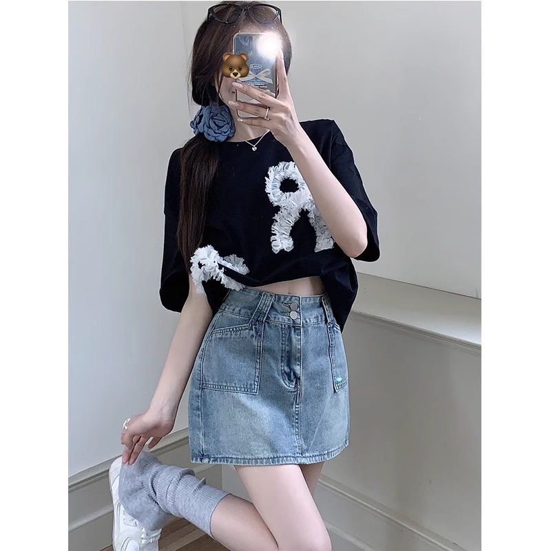 High-waist denim skirt for women in spring and summer new A-line design short skirt for fat mm belly-covering and slimming hip-packing skirt