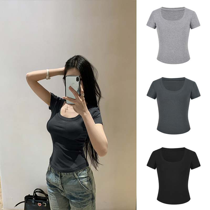 Real shot - Simple solid color basic U-neck tight short-sleeved T-shirt for women's new fashionable inner base top