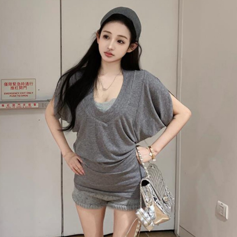 Official picture 260 grams of cotton 2*2 threads, large V-neck, shoulder T-shirt, women's short-sleeved summer bat sleeve shirt top