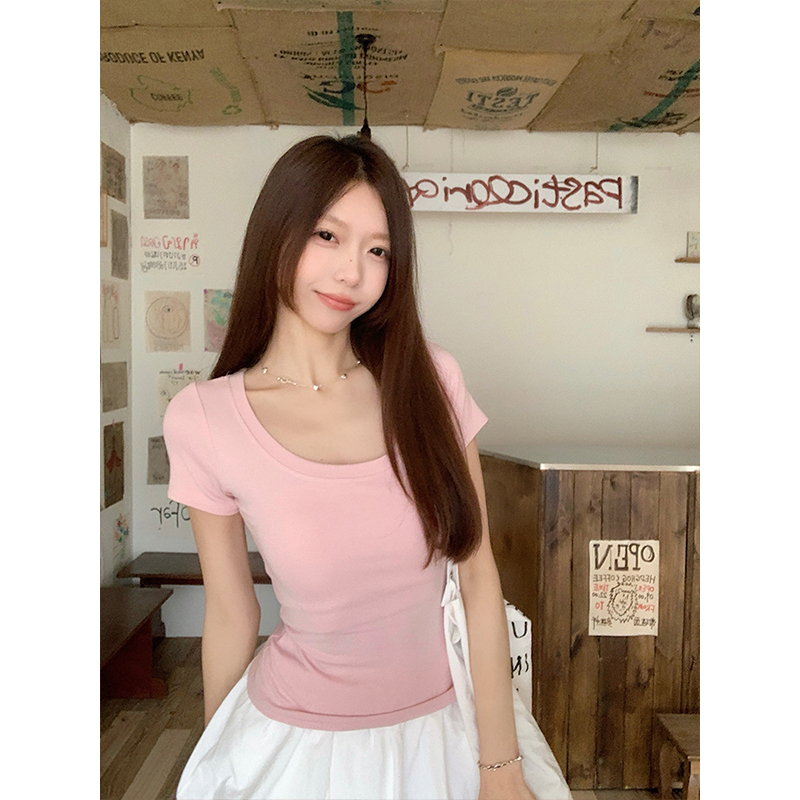 Real shot - Slim U-neck Short-sleeved T-shirt for women with tight 2025 spring and summer meat covering, slim fit and slim top