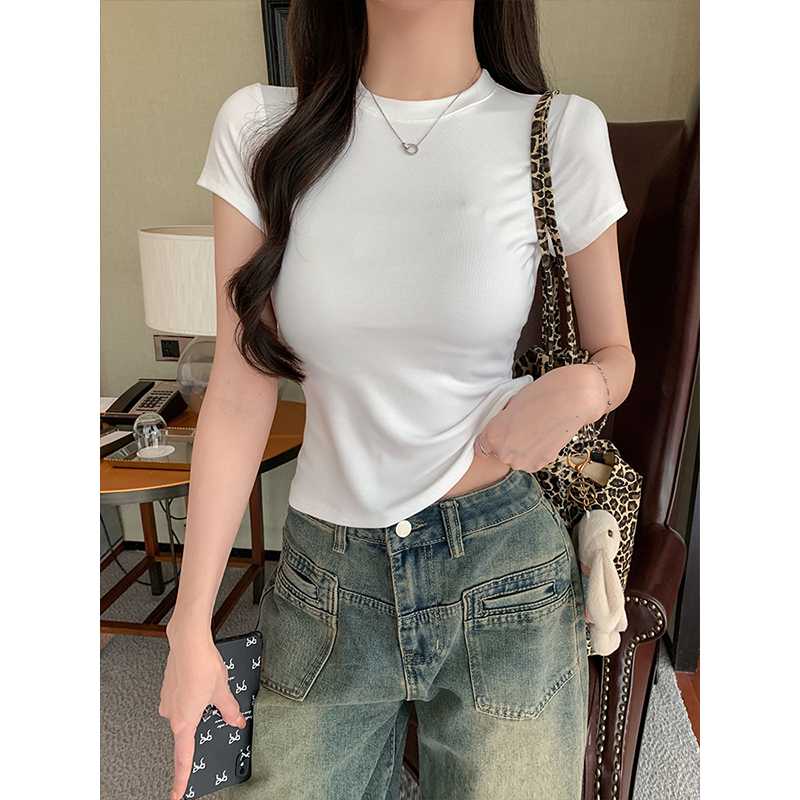 Real shot - Pure sexy hot girl round neck ribbed summer slim fit and slim shoulder short-sleeved T-shirt top