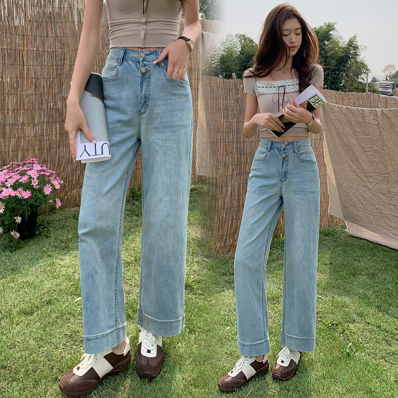 Korean temperament high waist stretch straight jeans 2025 summer new style small and fashionable slim trousers for women