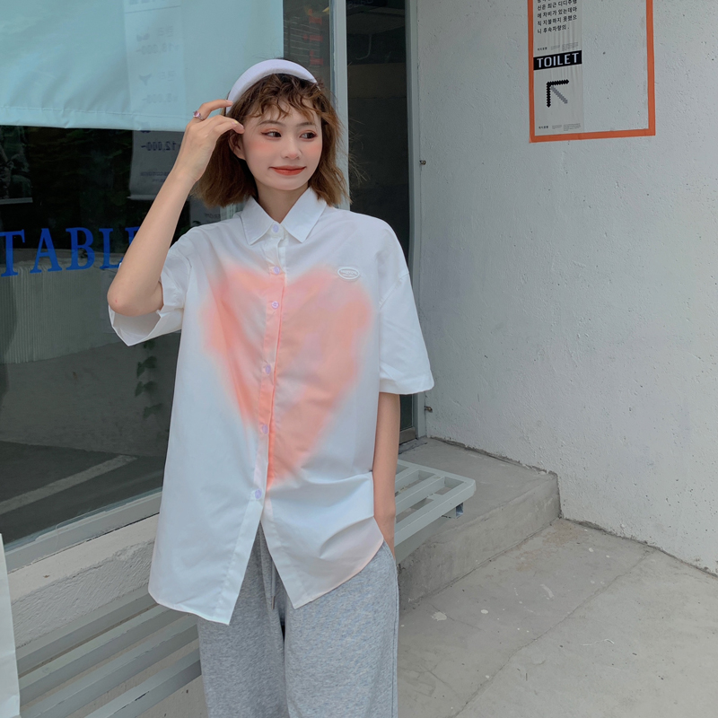 Simple love short-sleeved shirt for women with niche design new summer thin retro Hong Kong style white shirt trendy