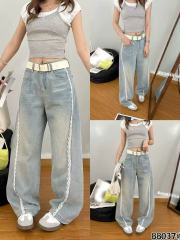 Korean lace wide-leg jeans for women in spring and autumn design retro old loose straight pants
