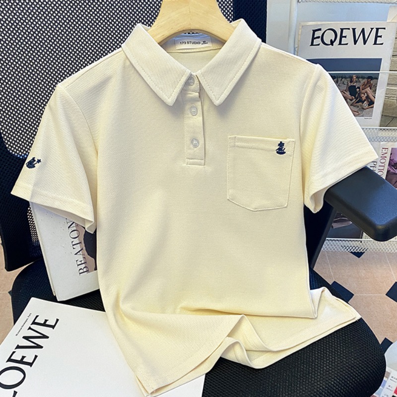 Real photo shoot bead floor cotton short-sleeved T-shirt for women in summer 2025 new short trendy embroidered pocket shoulder lapel top for women