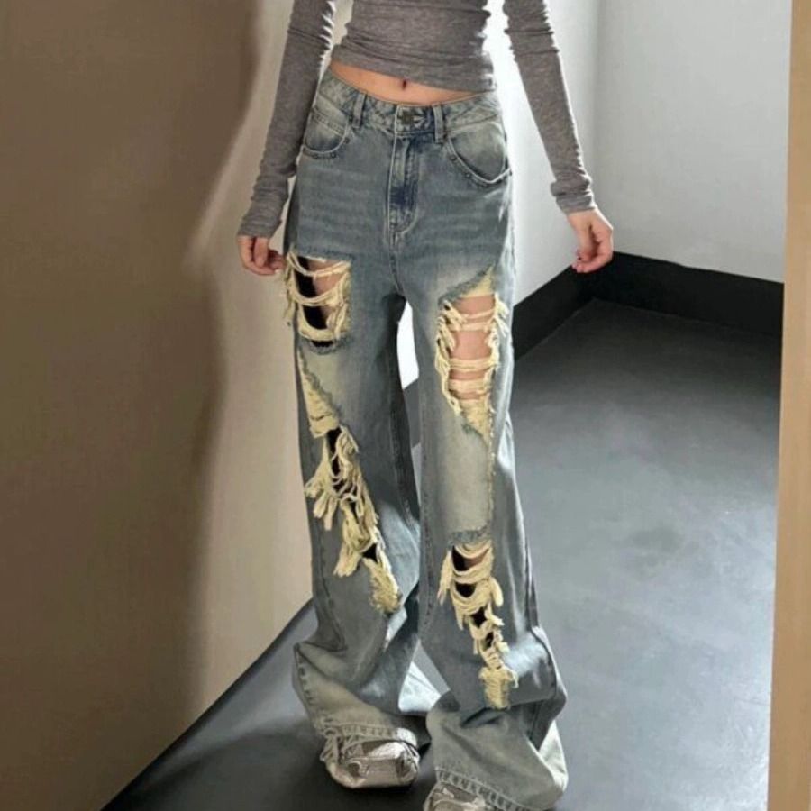 American retro washing ripped jeans for women 2025 new spring and summer high waist loose slimming straight wide-leg pants