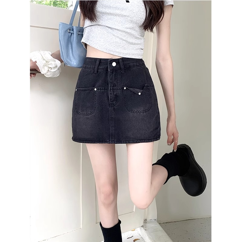 High-waisted denim short skirt for women in summer new large-size fat girl mm pear-shaped body with hips and slim A-line skirt