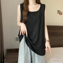 Real shot~Large size women's clothing for summer simple casual loose type slimming and gold stamping tablet design vest