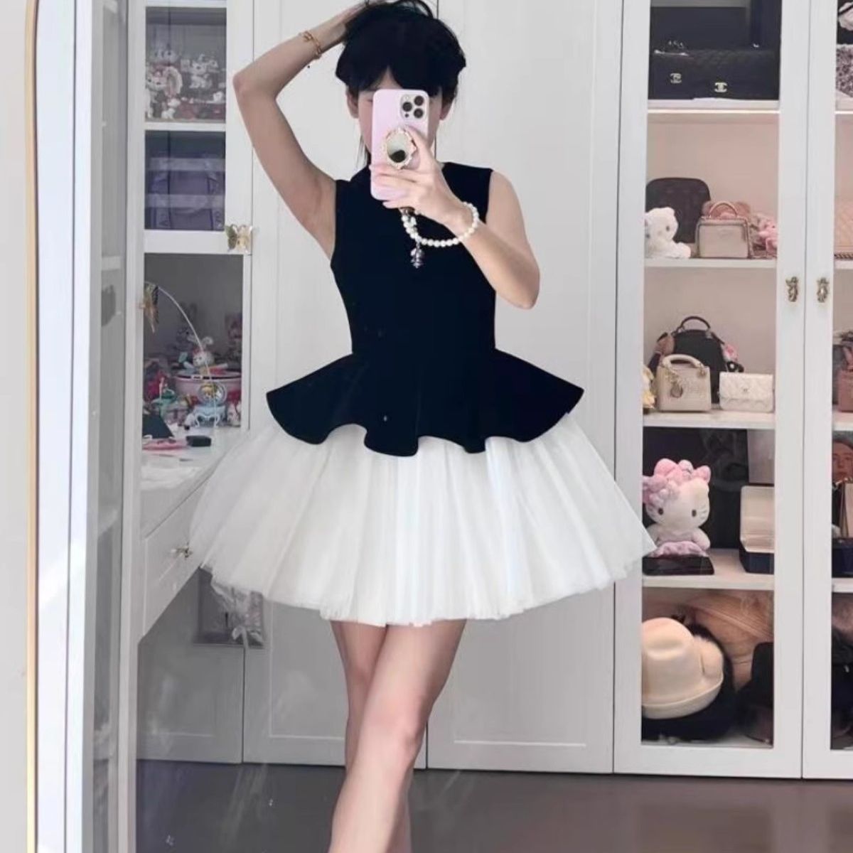 2025 new design velvet spliced ​​ballet skirt princess style mesh sleeveless vest dress puffy skirt women