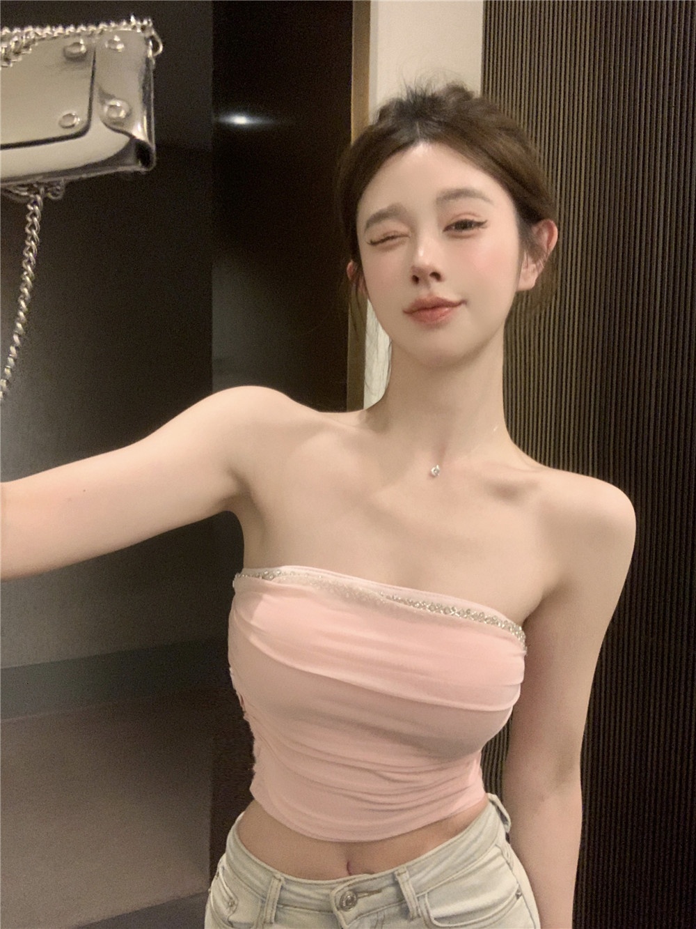 Real shot—Dopamine hand-made nail drill mesh splicing suspender vest hot girl strap top with breast pad