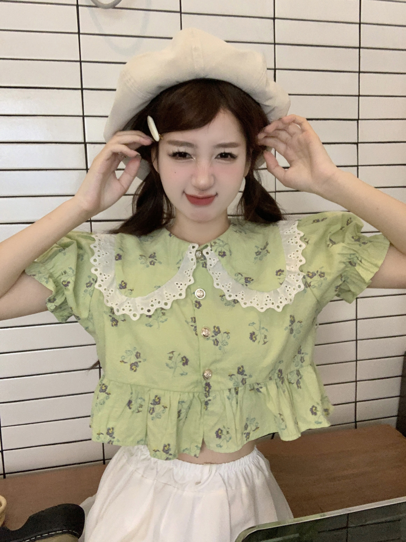 French fresh floral puff sleeve shirt for women summer design niche sweet age-reducing doll collar short shirt