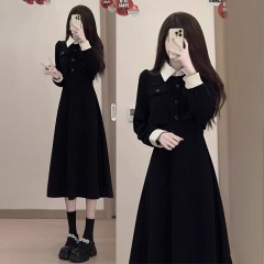 Corduroy composite thin mesh base black French long-sleeved dress for women 2025 spring new temperament long skirt