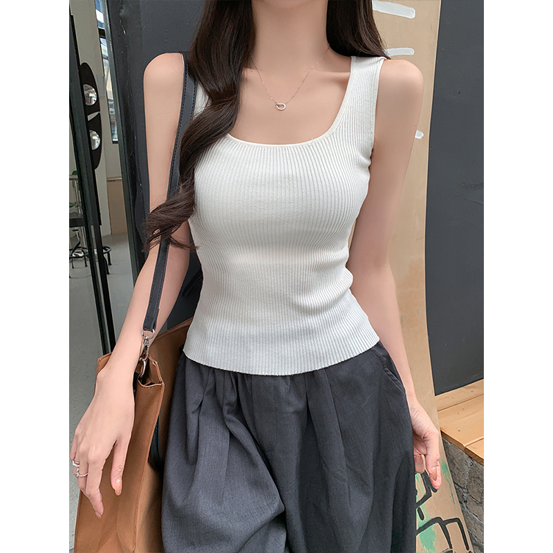 Real shot - Women's new style of knitted suspender vest with square collar and wide shoulder bottoming French sleeveless top