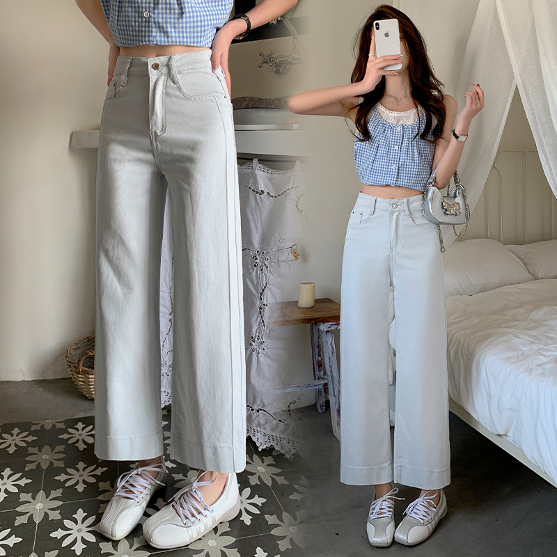 High-waisted straight jeans for women, slim and loose 2025 spring and summer new nine-point small white baguette cigarette pants