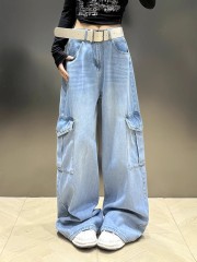 Korean version of light lace waist spliced ​​jeans for women in spring new high-waist loose slimming straight wide-leg trousers