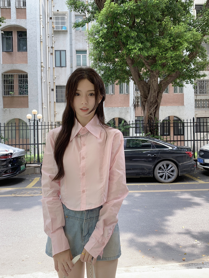 Pure cotton Korean short versatile solid color long-sleeved shirt for women 2025 autumn new chic design hot girl top