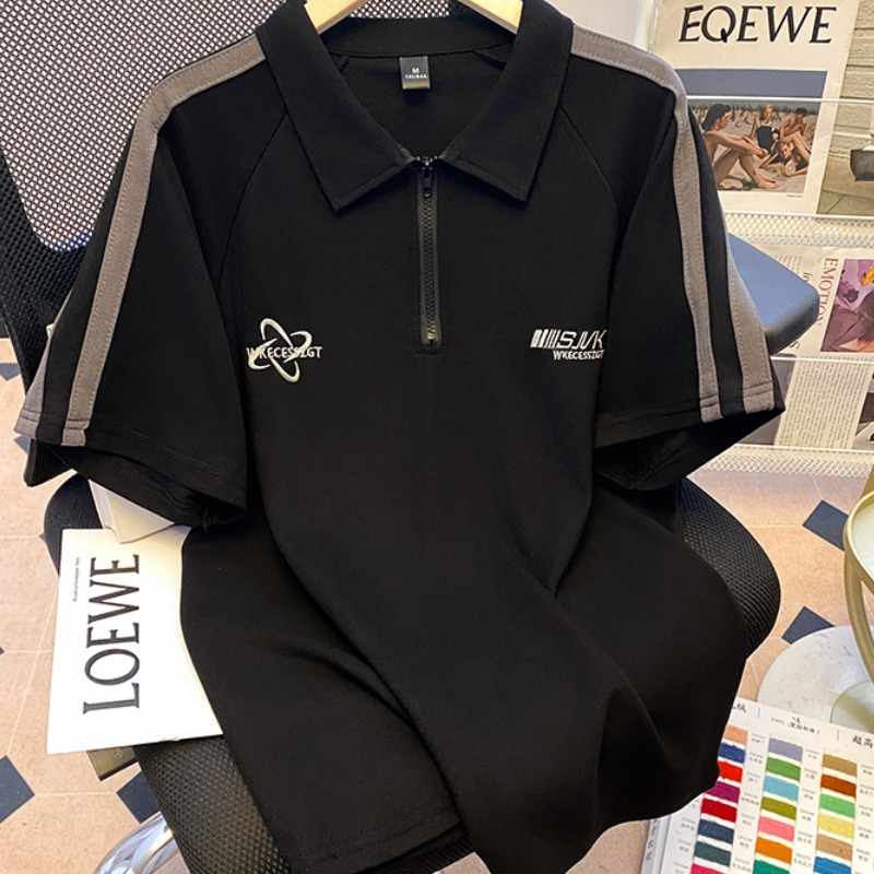 Real shot 1*1 thread 210g short-sleeved T-shirt 2025 summer embroidery loose short front shoulder lapel Korean women's clothing