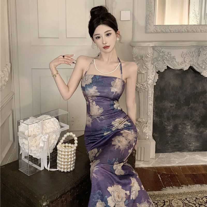 Printed halter neck hip-pack dress slim and slim summer temperament long skirt early spring new French niche suspender skirt