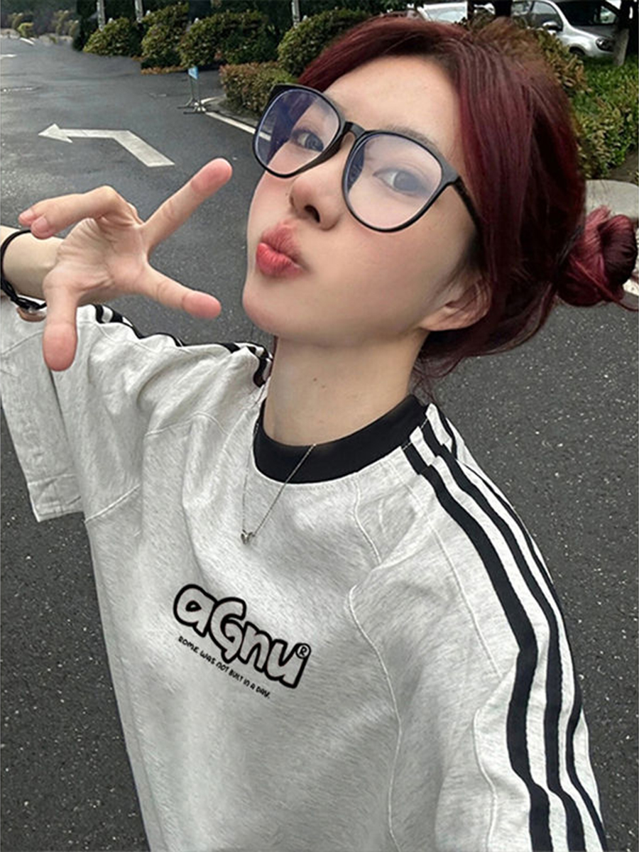 High-quality pure cotton 200g 21 combed tight printed three-bar loose large version of shoulder short-sleeved shirt for women